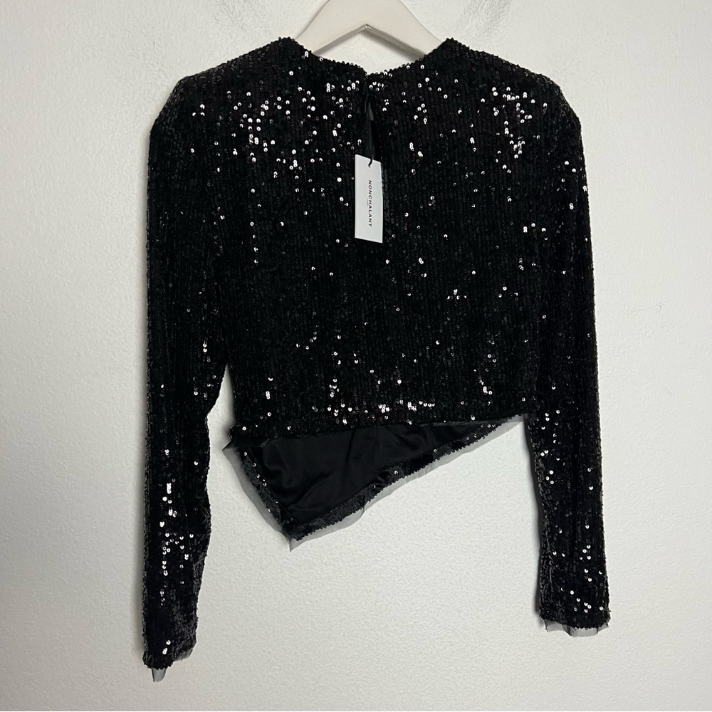 NWT NONchalant Vivi Black Sequin Asymmetrical Hem Long Sleeve Top Size XS - Picture 7 of 9